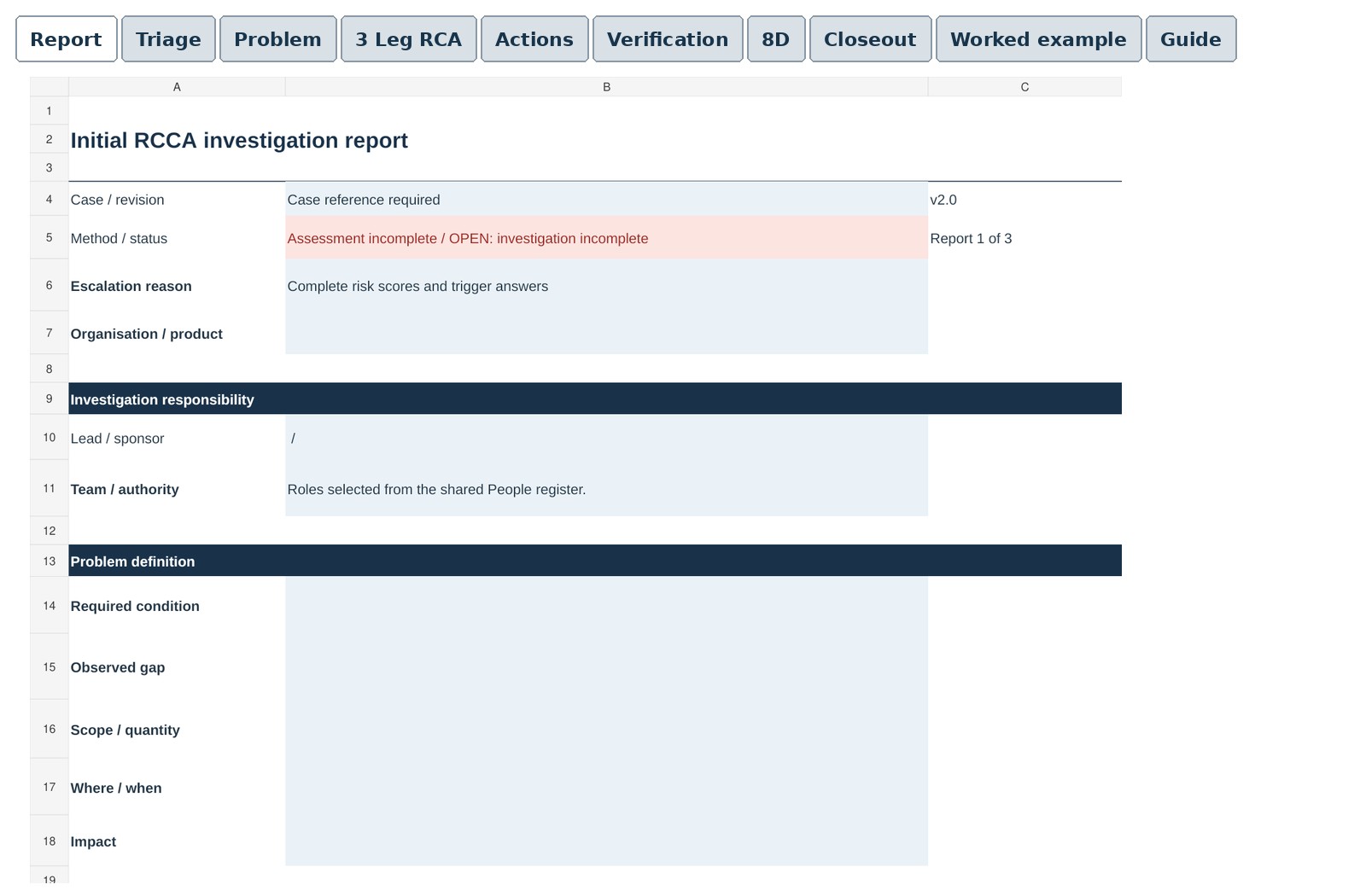 RCCA and 8D Toolkit Report worksheet preview with workbook tabs visible